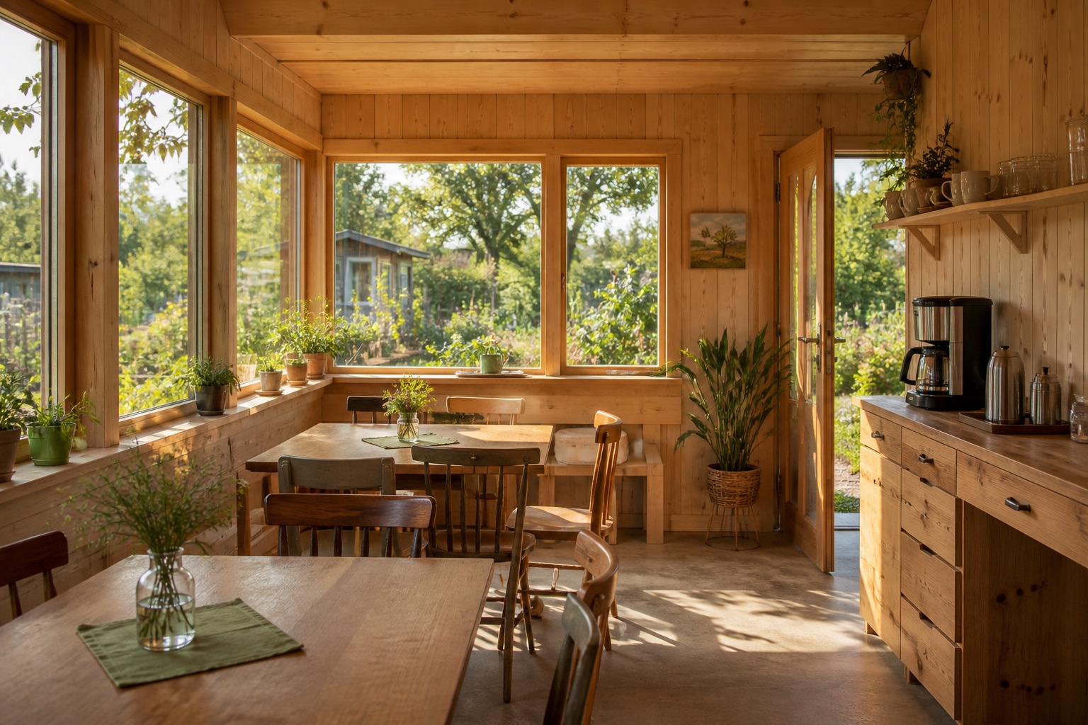 Gemütlicher Vereinsraum mit Holztischen und Blick in den Kleingarten